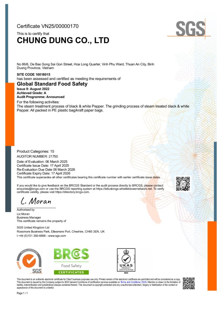 BRCGS Food Safety Certificate Chung Dung Co.LTd 2025